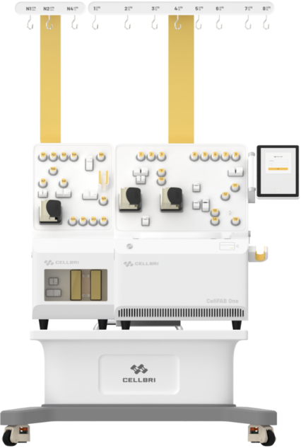 Product graphic showing a top-down view of the white automated laboratory instrument with modular decks, pumps, controls, and an attached display tablet, labeled "CellFAB One N"